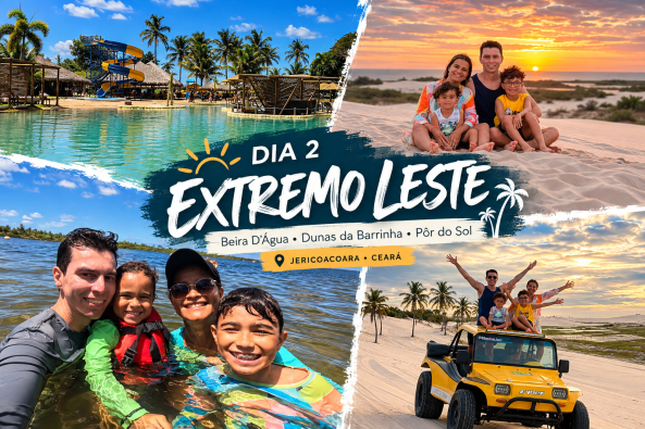 Collage de fotos de um dia em Jericoacoara, Ceará, destacando atividades como piscina, diversão nas dunas e um pôr do sol. Inclui uma família sorridente na água e um passeio de buggy na areia.