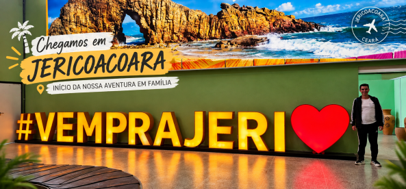 Painel comemorativo de chegada em Jericoacoara, com o texto #VEMPRAJERI em letras grandes e uma decoração tropical ao fundo.