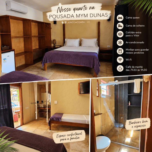 Quarto na Pousada MYM Dunas em Jericoacoara, CE, com cama queen, cama de solteiro, ar-condicionado, minibar e Wi-Fi.