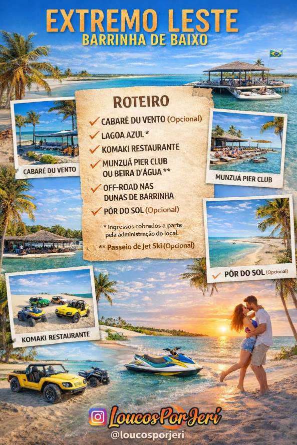 Imagem promocional do roteiro 'Extremo Leste' em Barrinha de Baixo, com fotos de atrações como Cabaré du Vento, Lagoa Azul, Komaki Restaurante e Munzuá Pier Club. Inclui opções de passeios, como off-road nas dunas e passeio de Jet Ski, com destaque para o pôr do sol.